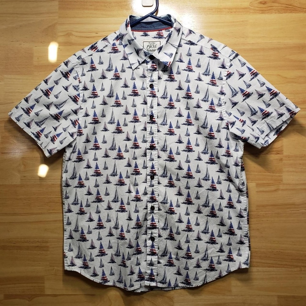 Jos A Bank 1905 Men's M Sailboat Print Short Sleeve Shirt Tailored Fit Cotton